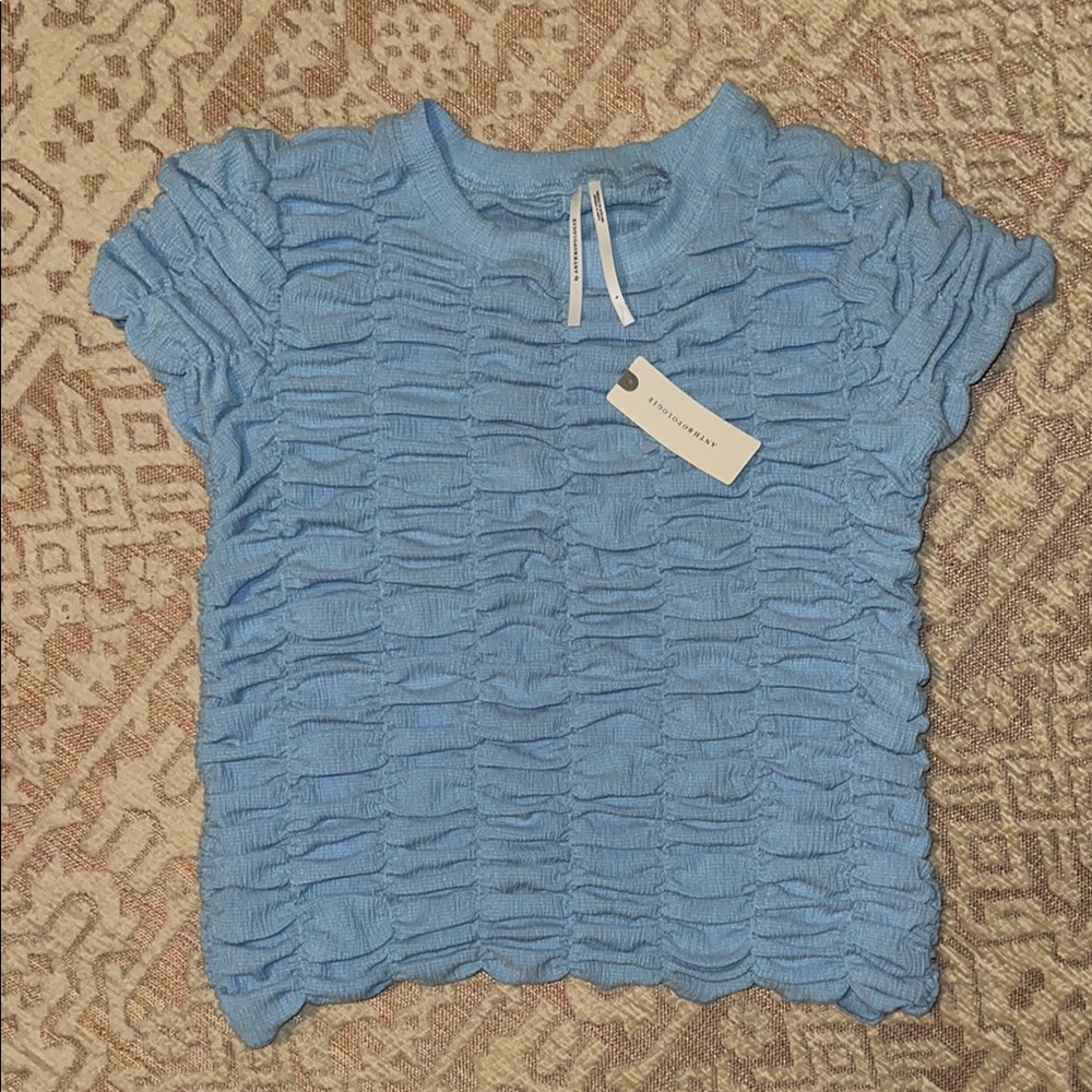 Anthropologie Blue Top with Ruched Fabric and Relaxed Fit